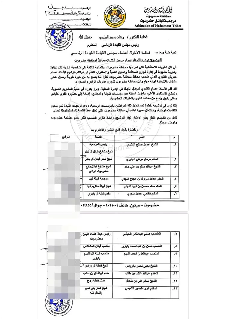 شيوخ حضرموت يرشحون عصام حبريش محافظًا في رسالة مرفوعة لرئيس مجلس القيادة الرئاسي