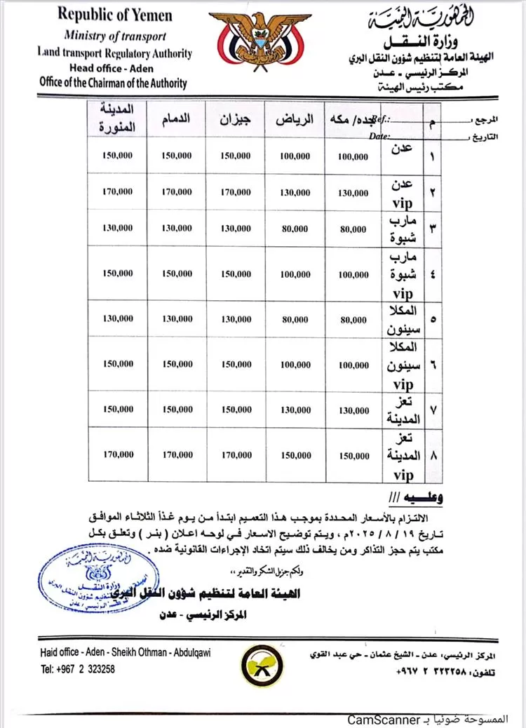 اليمن:الهيئة العامة في شؤون النقل البري تصدر تسعيرة النقل البري الجديدة للسعودية
